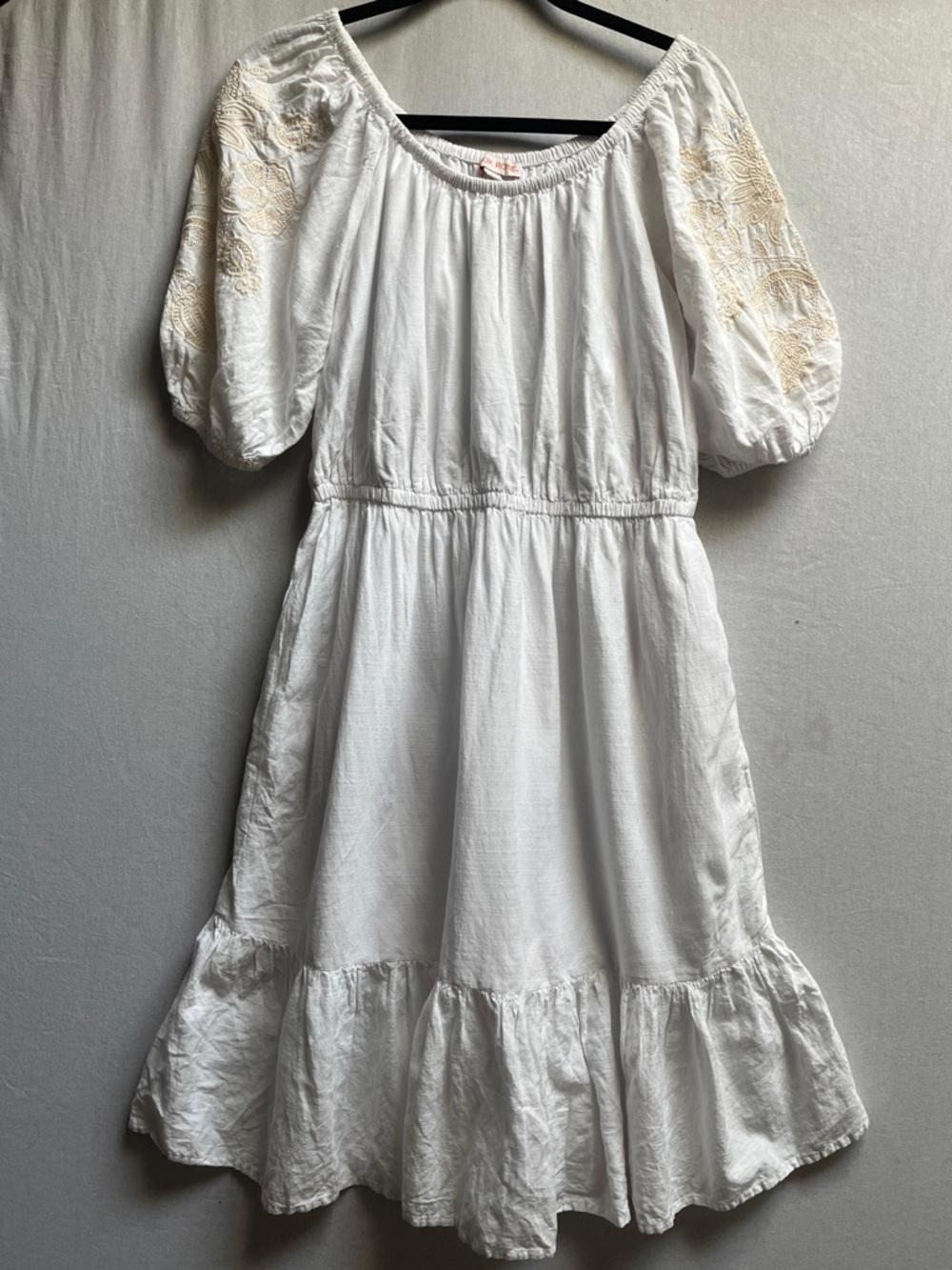 Knox Rose White Embroidered Puff Sleeve Midi Dress with Pockets Size S